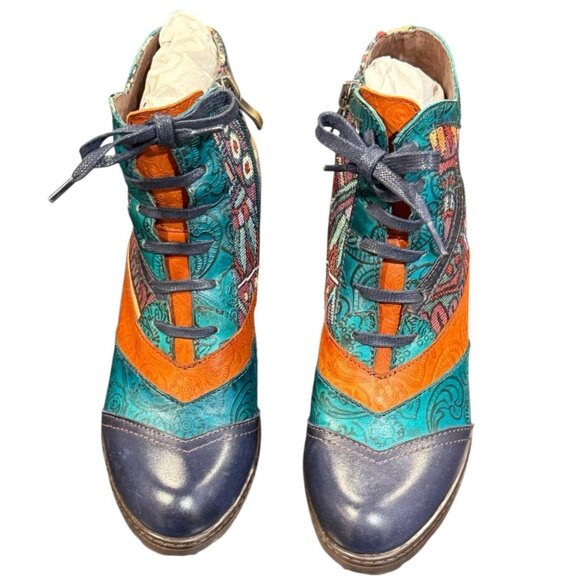 Socofy Boho Womens 7 Blue Splicing Pattern Leather Tapestry Ankle Boots EU 37 - Picture 7 of 11